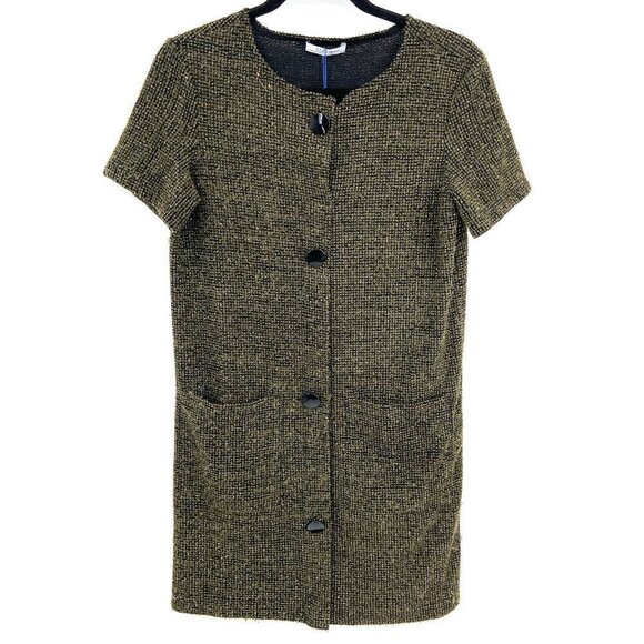 ZARA Olive Green Gold Metallic Tweed Lightweight Button Front Shift Dress Small - Picture 1 of 5
